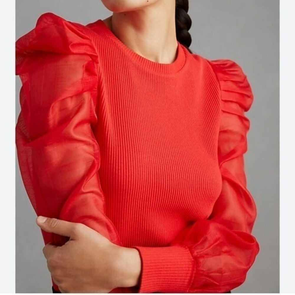 Anthropologie NEW Dolan Organza Red Puff Sleeve Top Blouse SZ XL Dark Coquette - Picture 5 of 13